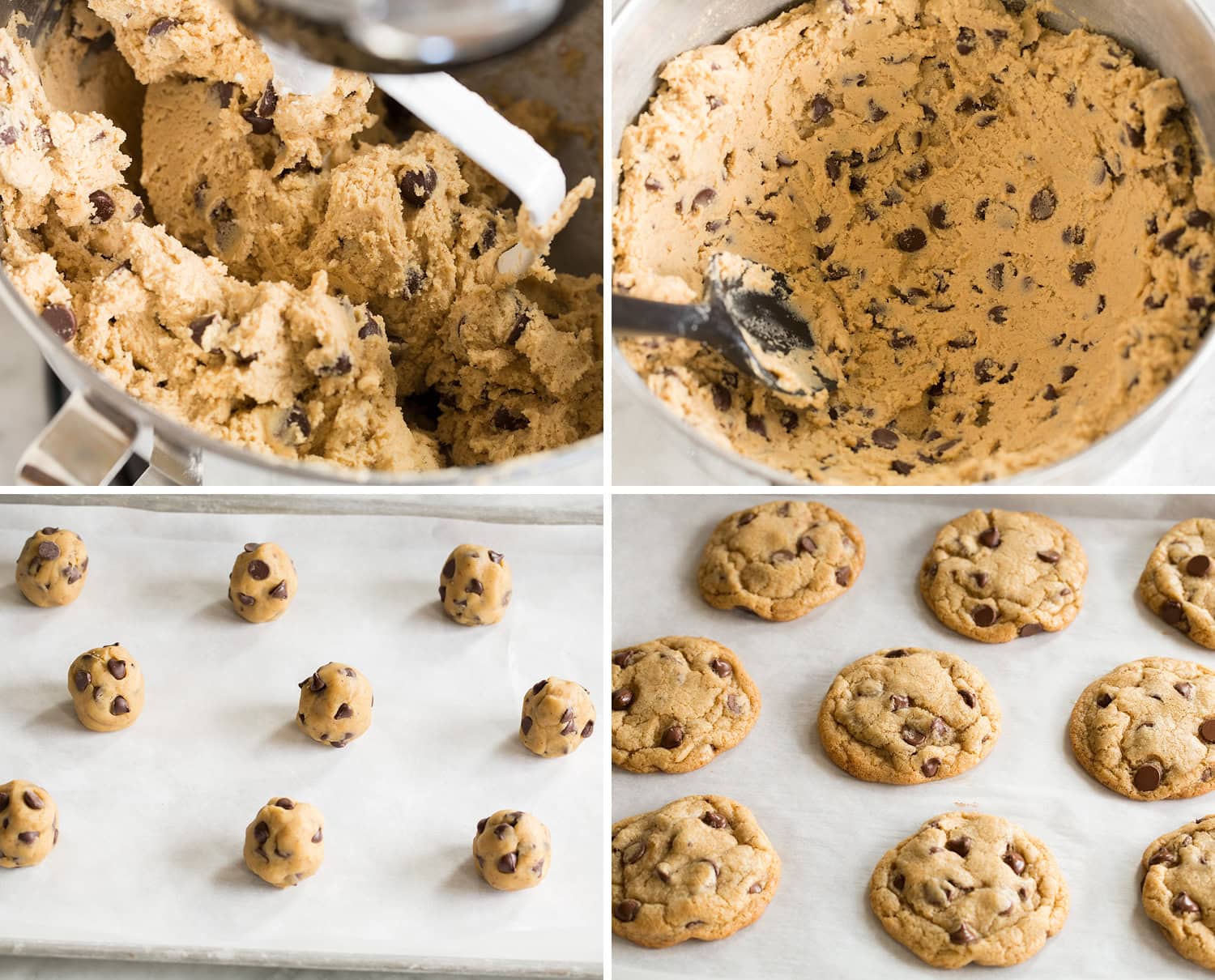 Finished cookie dough shown shaped into rounds then baked on a baking sheet.