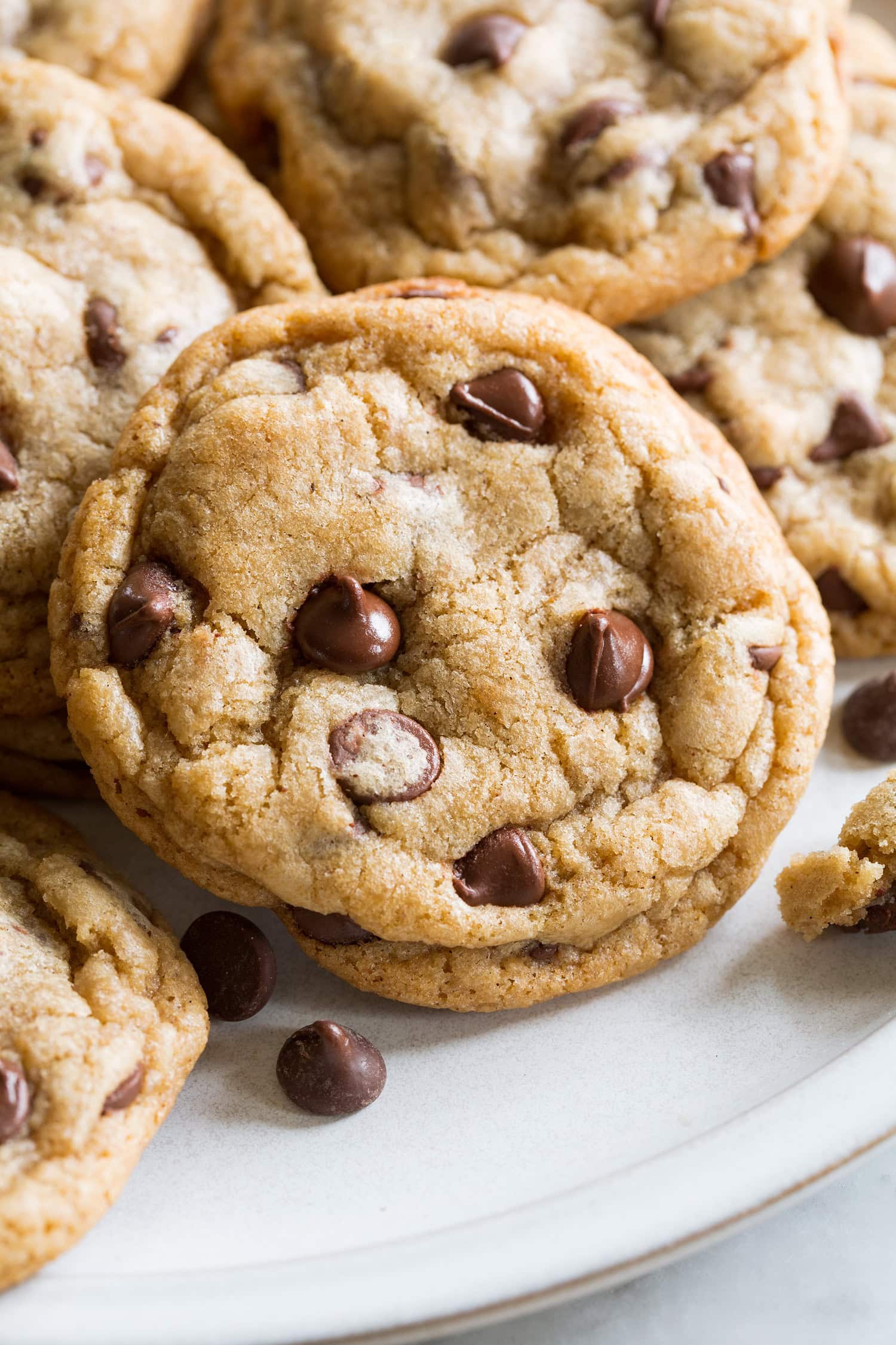 Close up photo of a browned butter chocolate chip cookie.