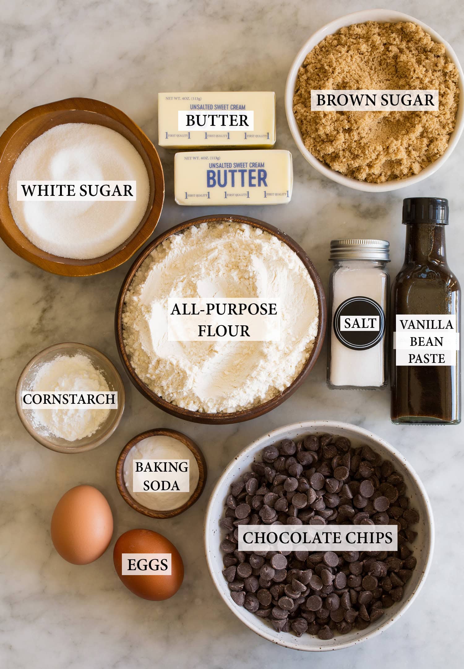 Ingredients used to make browned butter chocolate chip cookies.