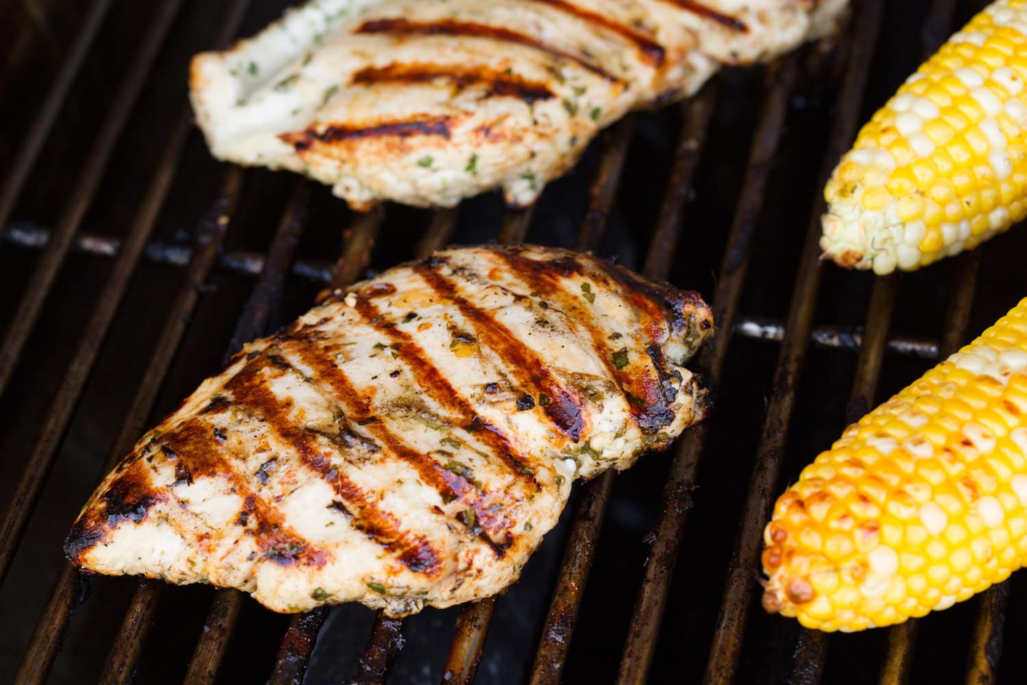 Grilled chicken and grilled corn on the grill.
