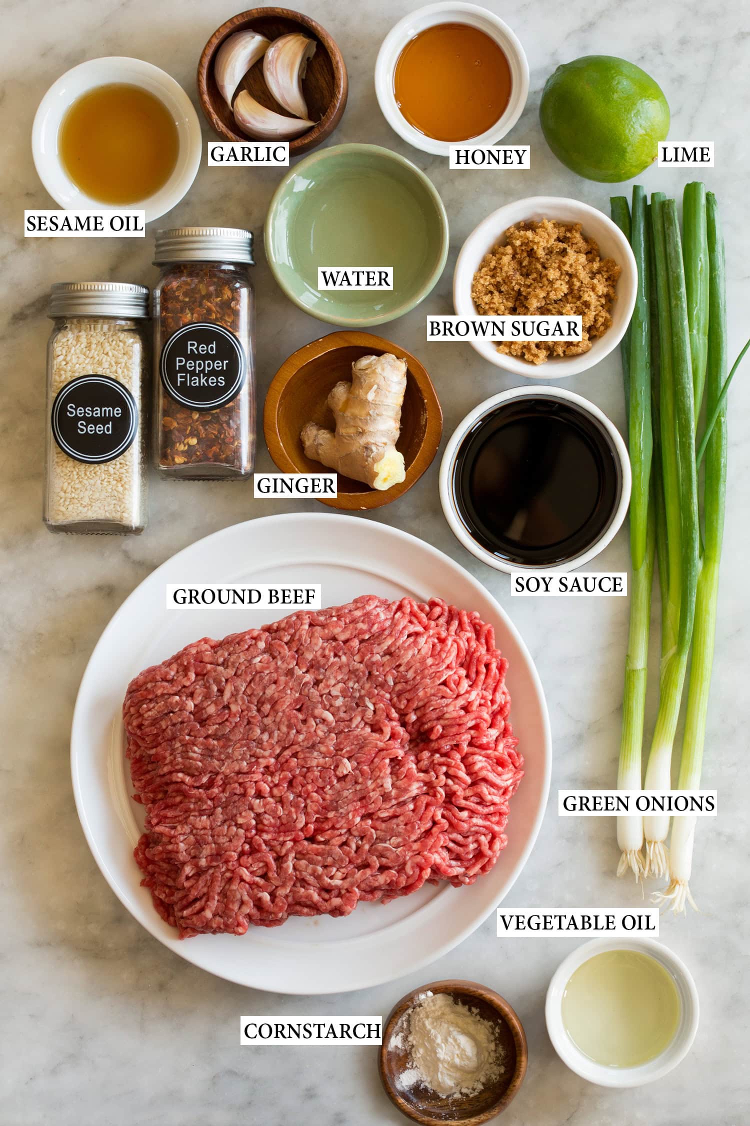 Ingredients used to make a Korean beef bowl from scratch.