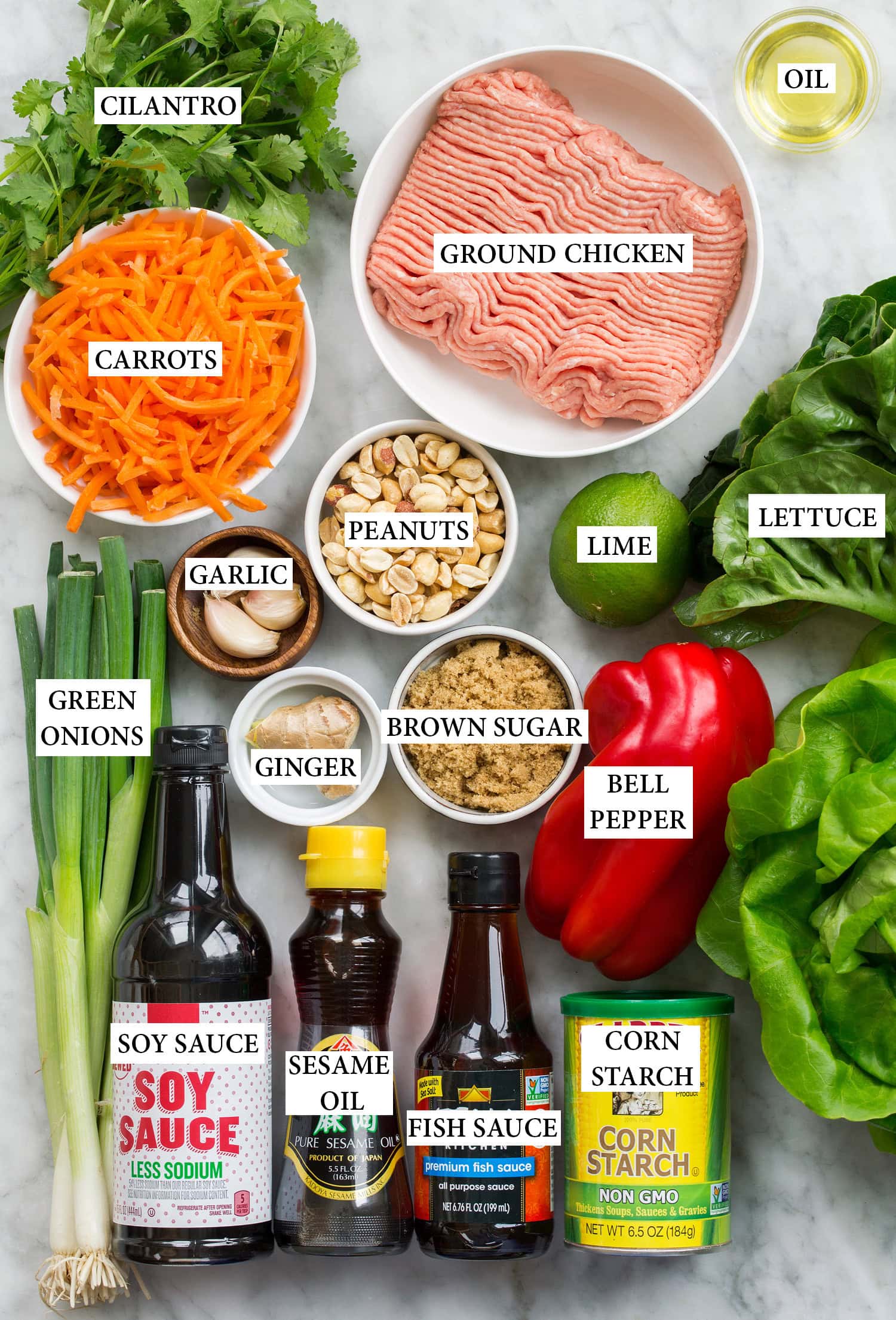 Ingredients needed to make Thai chicken lettuce wraps.