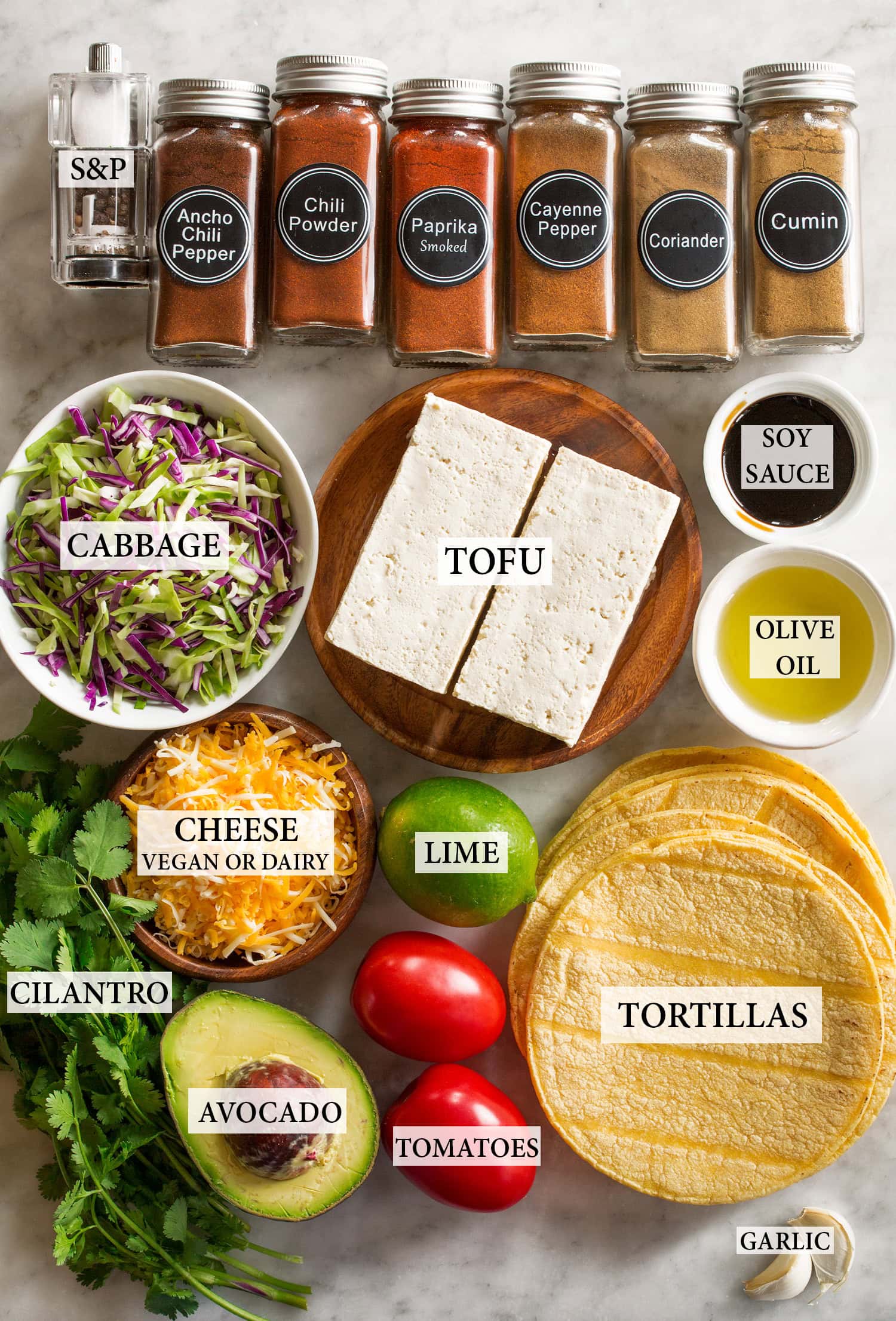 Ingredients used to make tofu tacos shown.