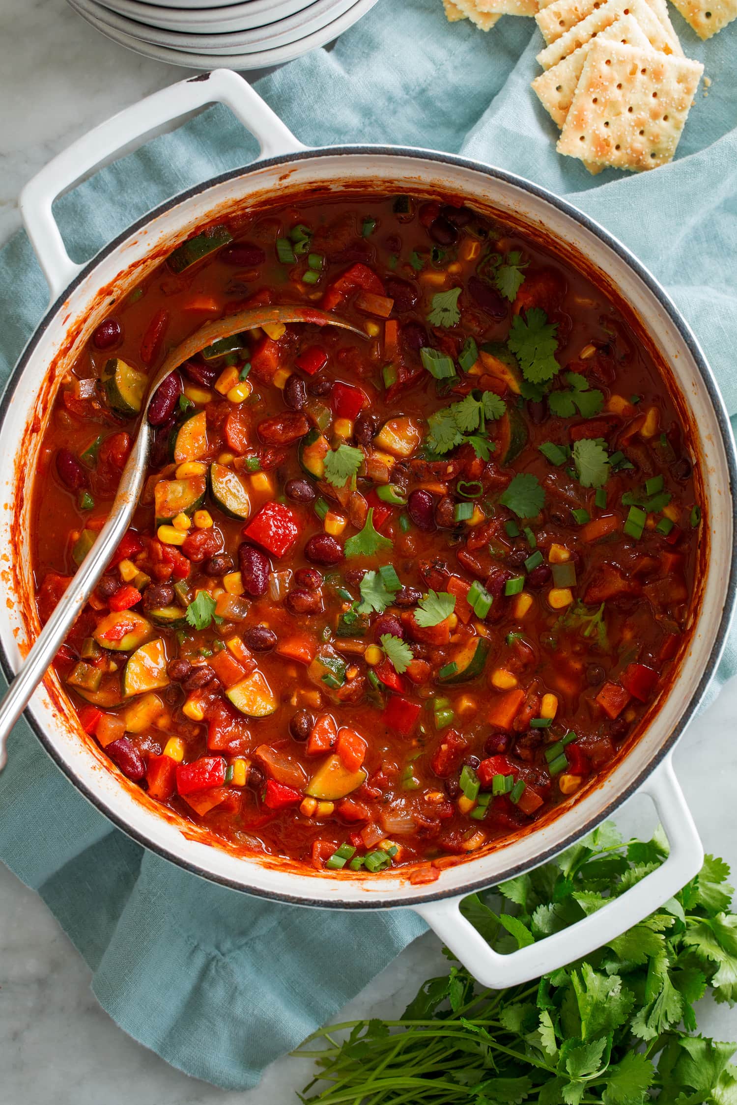 Vegetarian chili in pot shown from above.