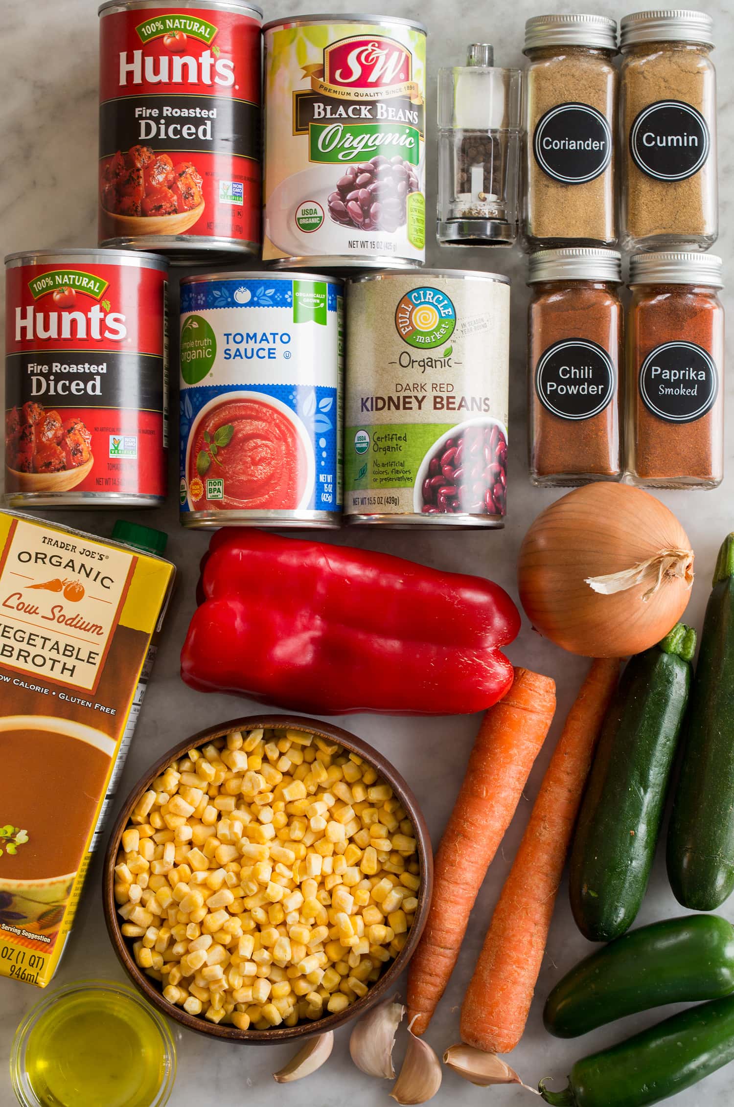 Ingredients used to make healthy vegetarian chili.