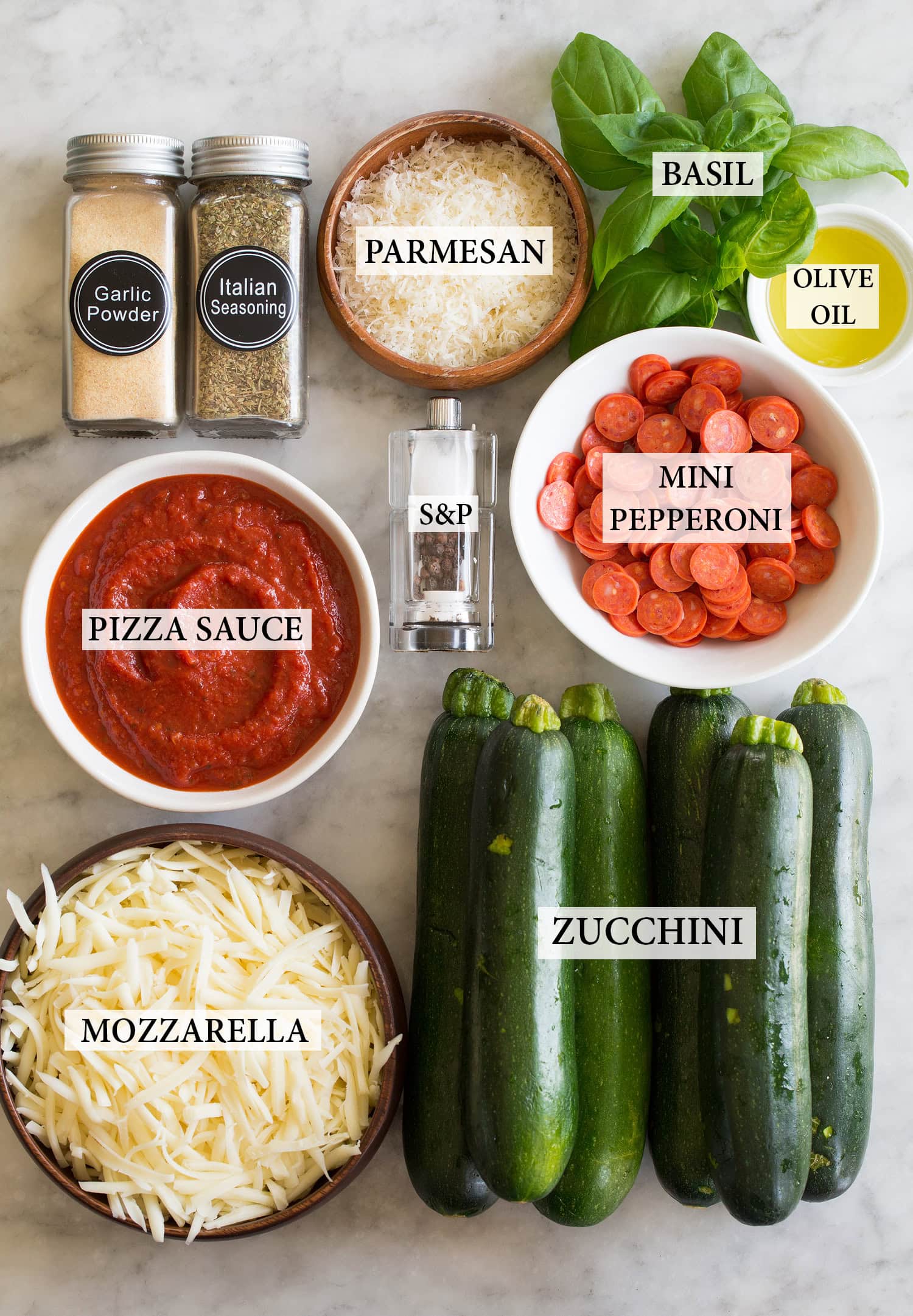 Ingredients used for zucchini pizza.